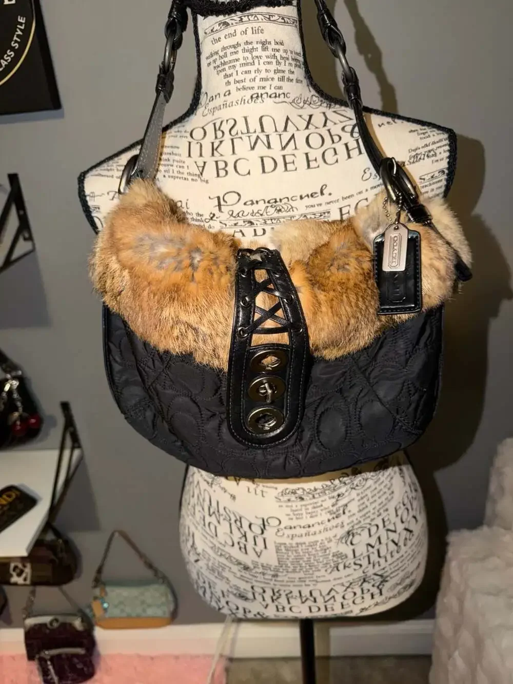 Coach Soho Black Quilted Nylon Rabbit Fur Trim Ski Hobo Shoulder Bag 9443